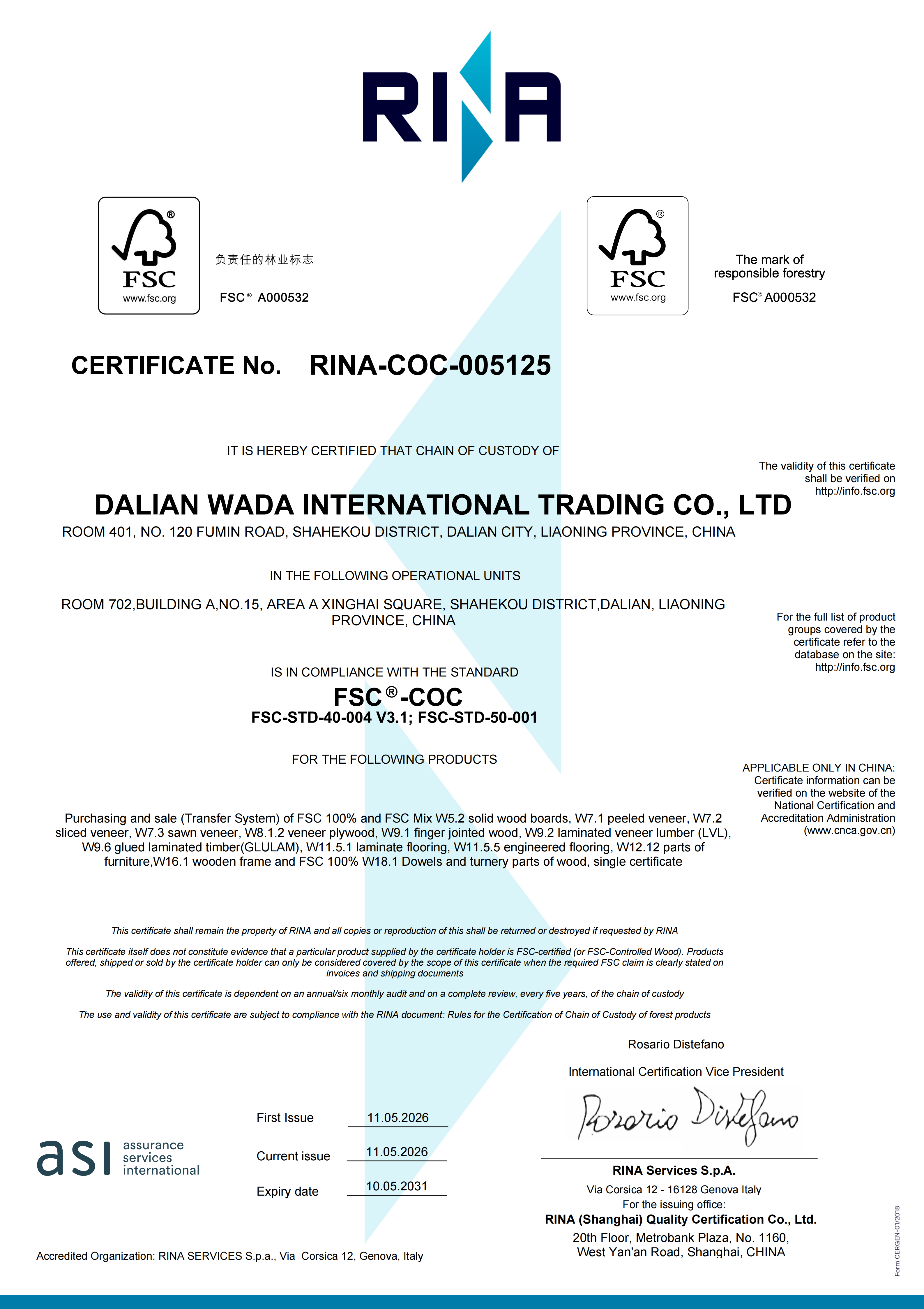 FSC certified wood panel product from Dalian WADA